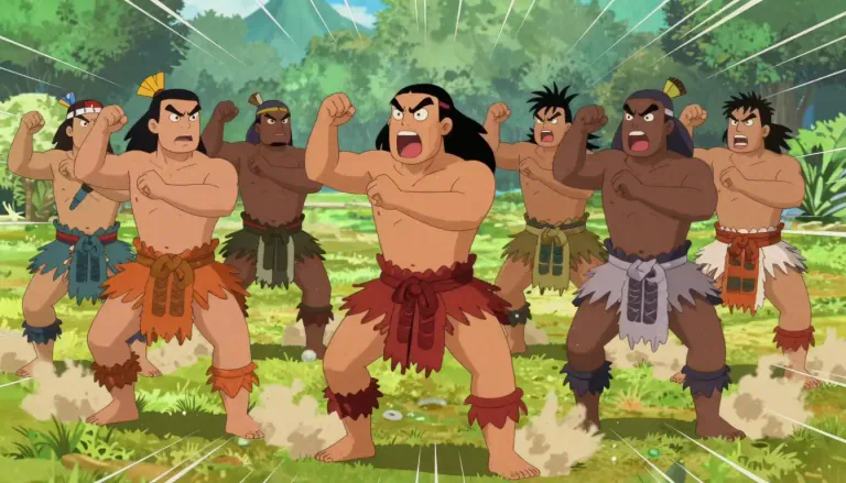 Visual representation of "haka" - A traditional war dance of the Maori people of New Zealand, performed with vigorous movements and rhythmic chanting.