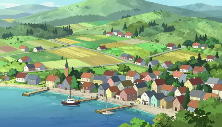 Visual representation of "hinterland" - Area behind the coast or the shore of a river, or the area surrounding a town or port, often rural.