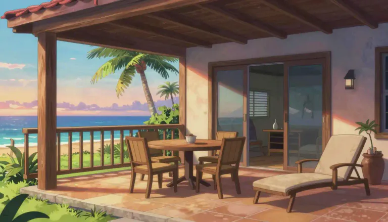 Visual representation of "lanai" - A lanai is a roofed open-air porch or veranda, often found in Hawaiian homes, used for dining or relaxation.