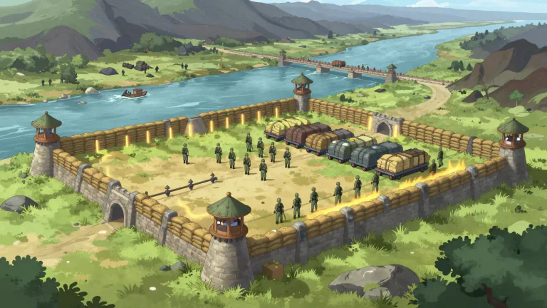 Visual representation of "bridgehead" - An area of space secured by an army in enemy territory, where more military forces can safely gather.