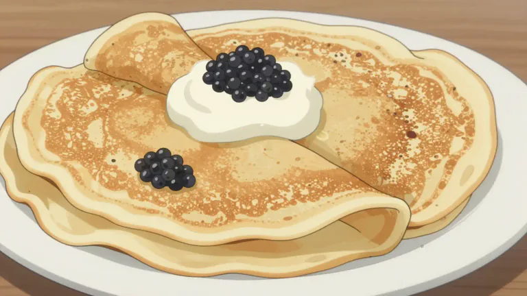 Visual representation of "blini" - A thin Russian pancake, often made with buckwheat, served with various fillings or toppings.