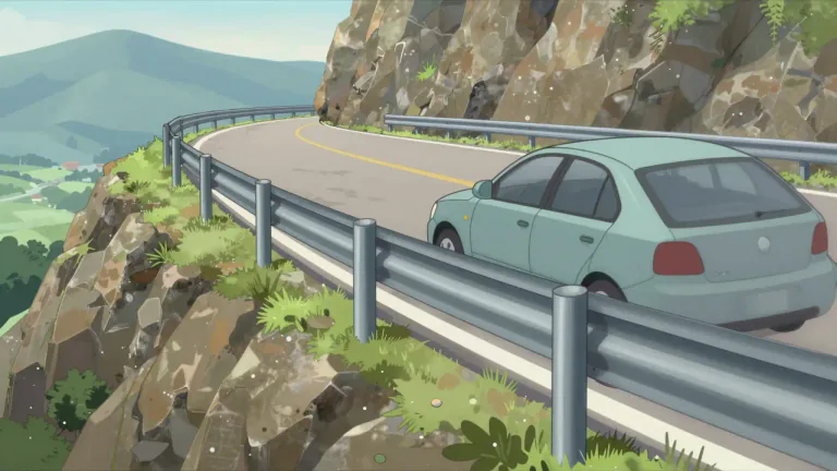 Visual representation of "guardrail" - A guardrail is a barrier placed along the edge of a road or other surface to prevent vehicles from going off the road and into potentially harmful areas.
