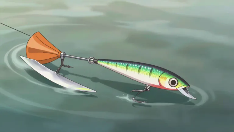 Visual representation of "spinnerbait" - A type of fishing lure that has a spinning blade designed to mimic the motion of prey to attract fish.