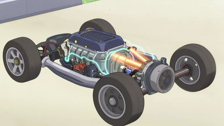 Visual representation of "driveline" - A set of components in a vehicle that transmits power from the engine to the wheels.
