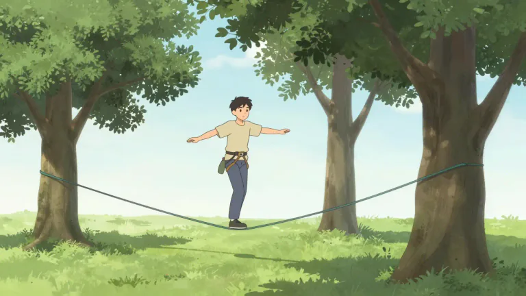 Visual representation of "slackline" - A length of flat webbing used in a sport that involves balancing and walking across it, often suspended between two points.