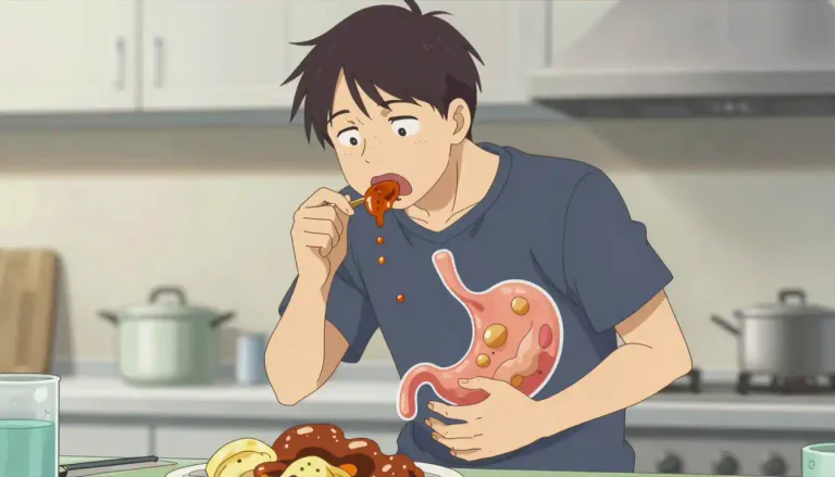 Visual representation of "digest" - to process food in your body or break down something by thinking about it