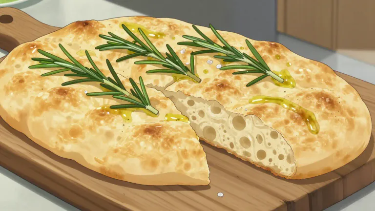 Visual representation of "focaccia" - A type of Italian flatbread that is thick, often seasoned with olive oil and herbs, and can be topped with various ingredients.