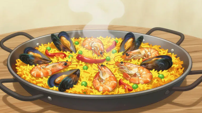 Visual representation of "paella" - A Spanish dish made with rice, meat, seafood, and vegetables, and flavored with saffron.