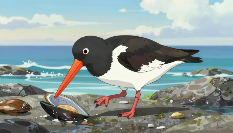 Visual representation of "oystercatcher" - A shorebird with a long bill and bright coloration, often found near coastal areas, known for feeding on mollusks.