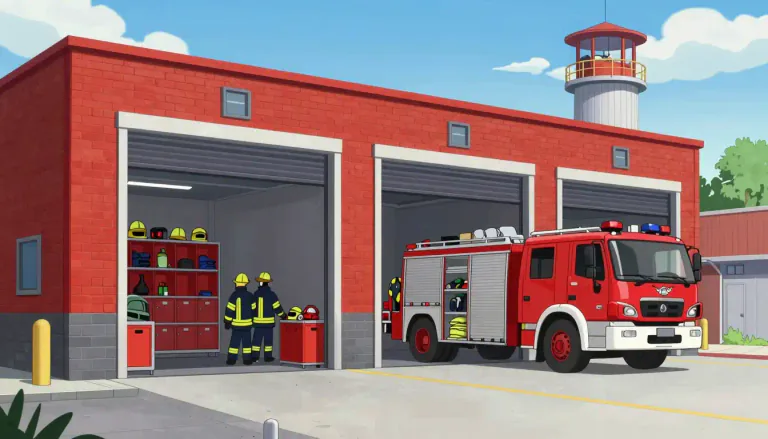 Visual representation of "firehouse" - A building where firefighters and their equipment are housed.