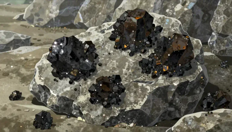 Visual representation of "ilmenite" - A black or dark brown mineral, consisting mainly of iron and titanium oxides, often used in the production of titanium dioxide.