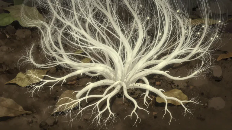 Visual representation of "mycelium" - Mycelium is the network of fine white filaments formed by a fungus, essential for nutrient absorption and growth.