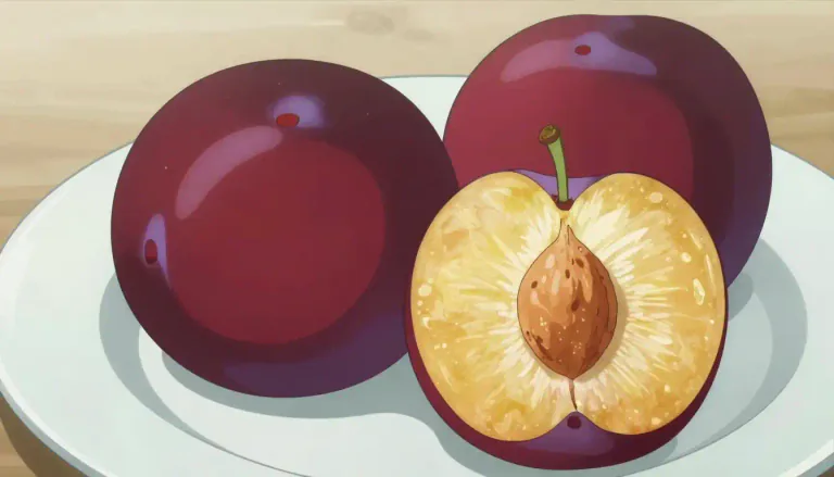 Visual representation of "plum" - A type of fruit that is round and has a smooth, dark red or purple skin, sweet flesh, and a single hard seed in the middle