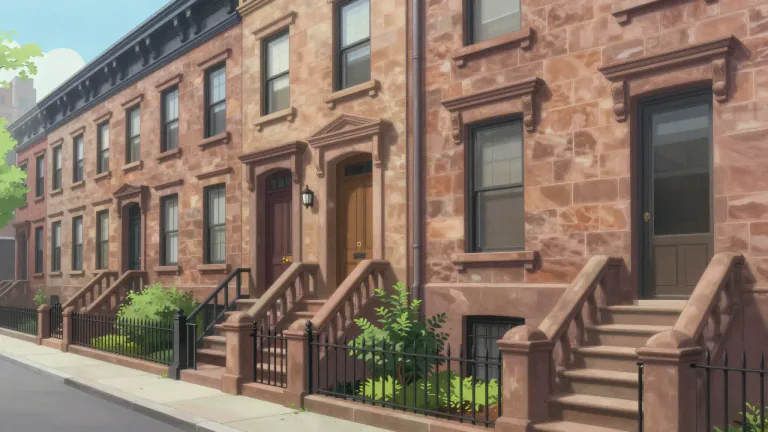 Visual representation of "brownstone" - A type of building or house made from a brown sandstone, often found in urban areas.