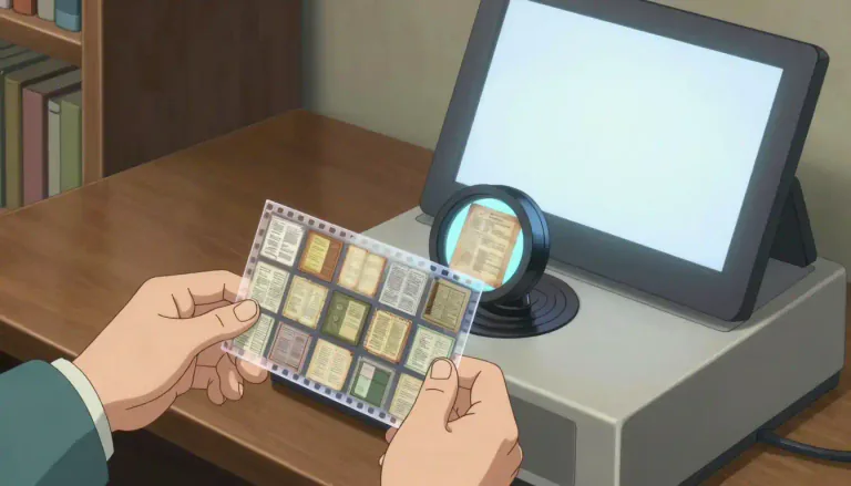 Visual representation of "microfilm" - A film containing tiny photographs of documents, books, etc.