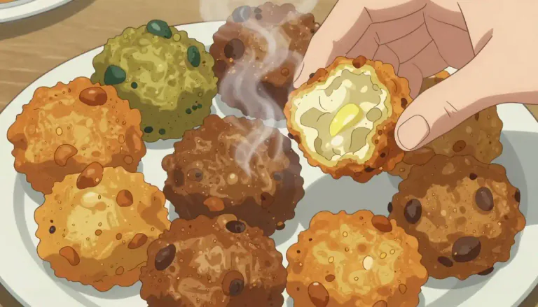 Visual representation of "pakora" - A small piece of food, especially vegetables or meat, that is coated in a batter and deep-fried until crispy.