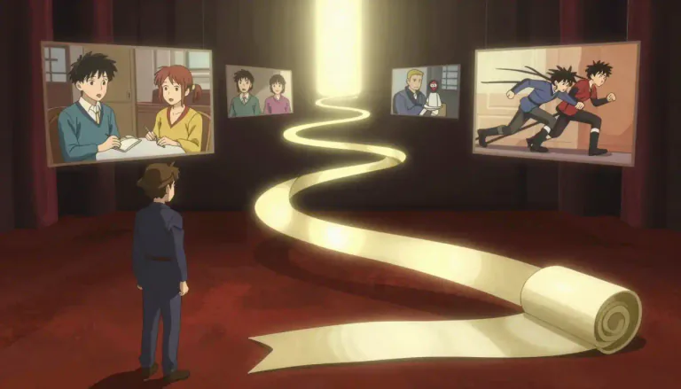 Visual representation of "plotline" - The sequence of events or main storyline in a book, movie, or play.