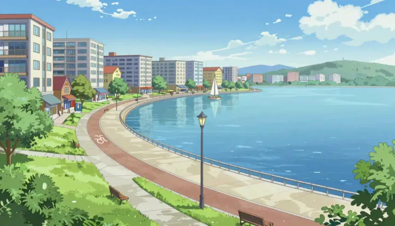 Visual representation of "bayfront" - The waterfront area situated along a bay, usually featuring recreational, residential, or commercial spaces.