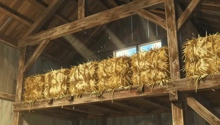Visual representation of "hayloft" - A space under the roof of a barn for storing hay.