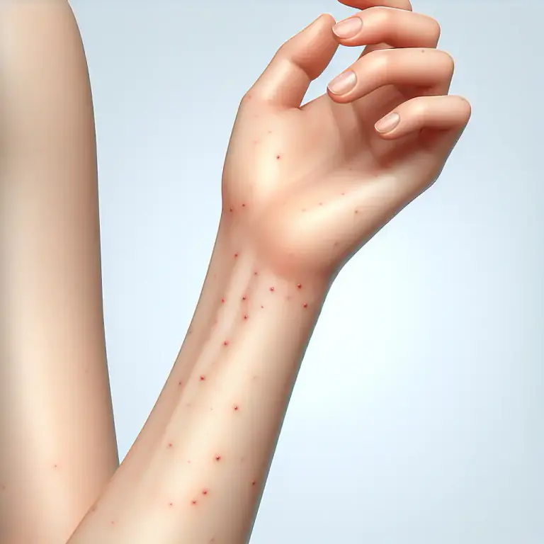 Visual representation of "rash" - A lot of red spots that suddenly appear on your skin.