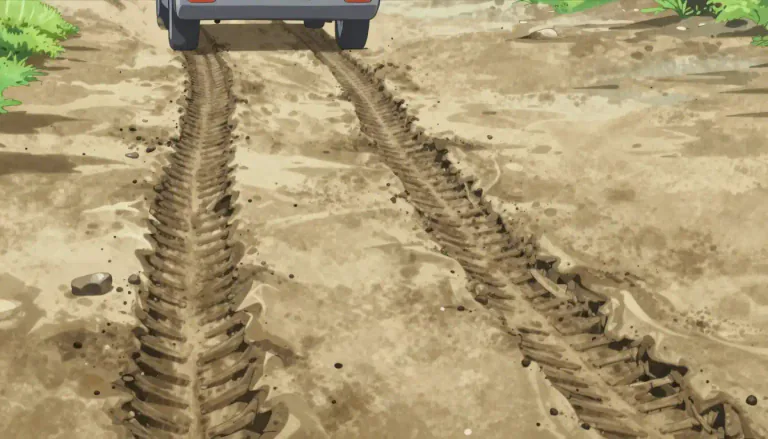 Visual representation of "rutted" - Having deep, narrow marks or tracks made by wheels of a vehicle.