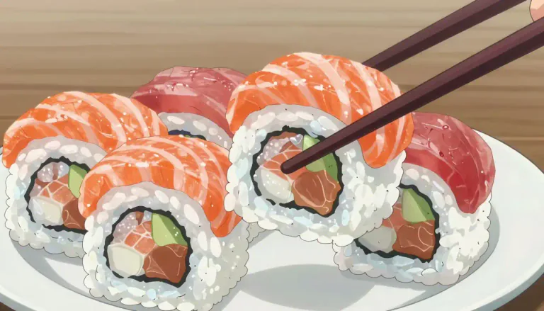 Visual representation of "sushi" - A Japanese dish with small pieces of raw fish over rolls of rice.