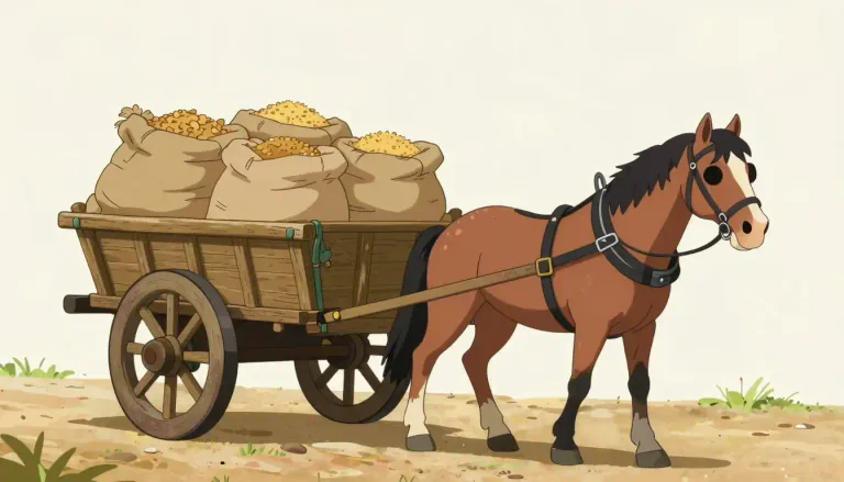 Visual representation of "cart" - A vehicle with two or four wheels that is pulled by an animal and used for carrying goods