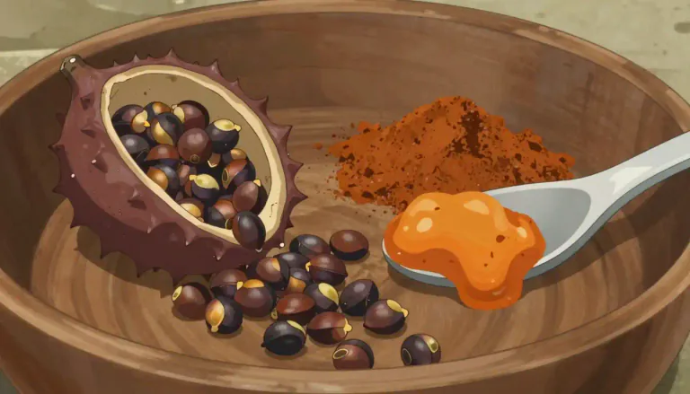 Visual representation of "annatto" - A reddish-orange colorant and flavoring made from the seeds of the achiote tree, used in cooking and food processing.