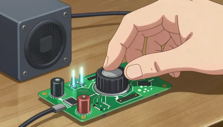 Visual representation of "potentiometer" - A tool used in electronics to measure electrical potential or to regulate electrical current by changing resistance.