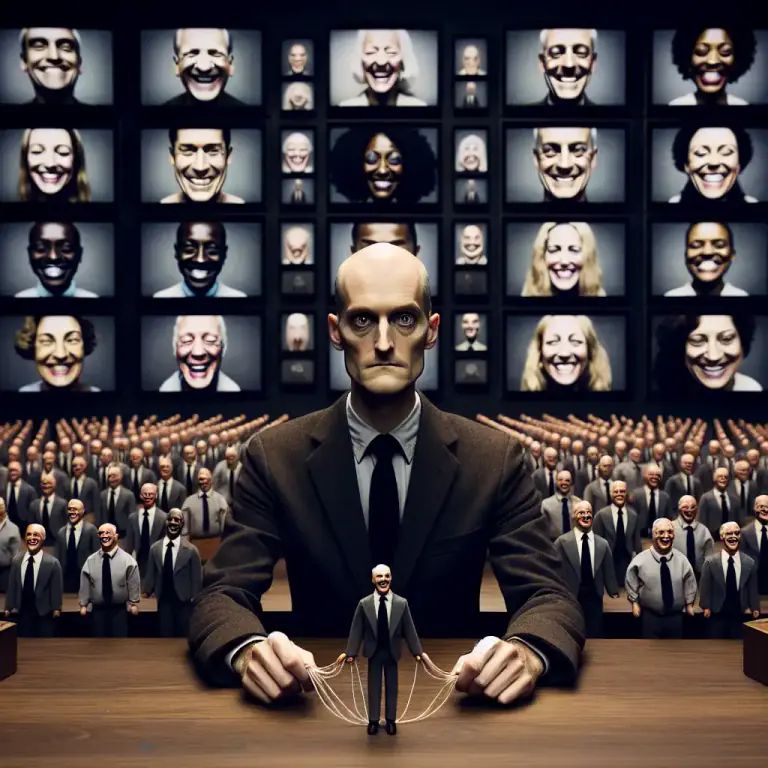 Visual representation of "orwellian" - Used to describe a policy or action as destructive or harmful while being presented as beneficial, similar to Orwell's concept of 'doublethink'.