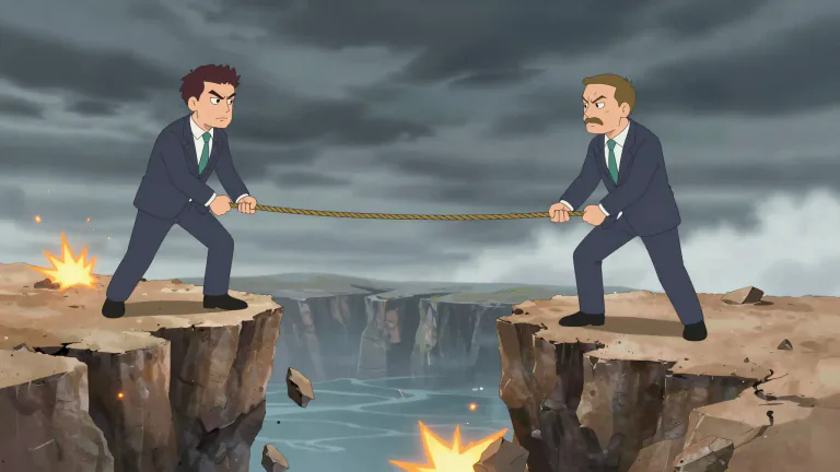 Visual representation of "brinksmanship" - A strategy of pushing a dangerous situation to the verge of disaster in order to achieve favorable outcomes.