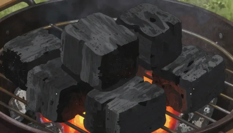 Visual representation of "briquette" - A compacted block of material used for fuel in heating and cooking, often used with barbecues.
