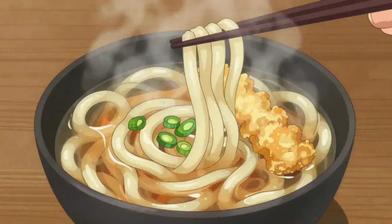 Visual representation of "udon" - A type of thick wheat noodle that is a staple in Japanese cuisine, typically served in broth or with various toppings.
