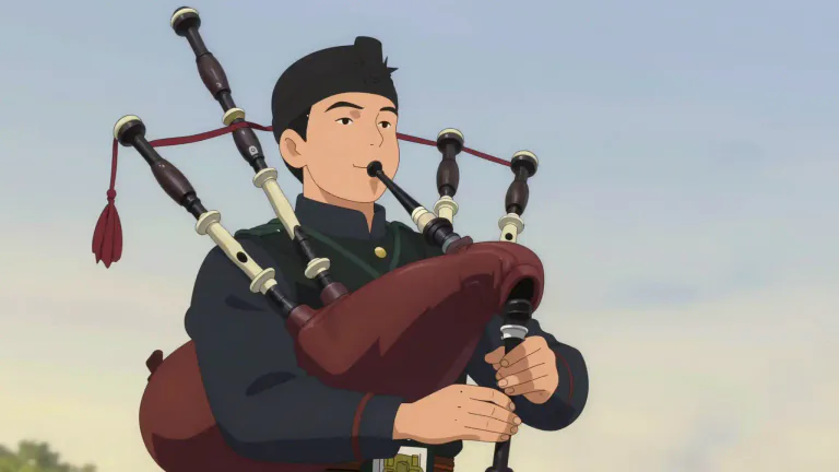 Visual representation of "bagpipe" - A musical instrument native to Scotland, with a bag that holds the air and several pipes that the air flows through to play music.