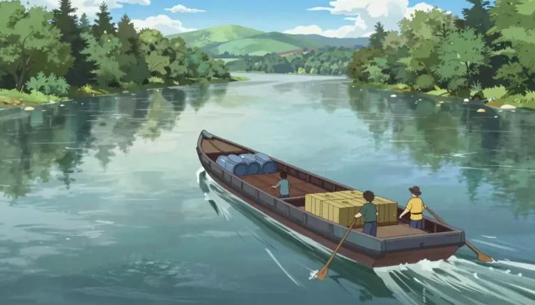 Visual representation of "keelboat" - A keelboat is a long, narrow boat that is designed for navigation in rivers and lakes, often used for transport and trade.