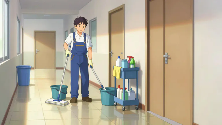 Visual representation of "janitorial" - Related to cleaning and maintenance work in a building.