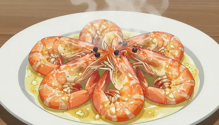 Visual representation of "scampi" - A dish made primarily with large shrimps that are cooked in garlic and butter. The name also refers to the type of shrimp used in this dish.