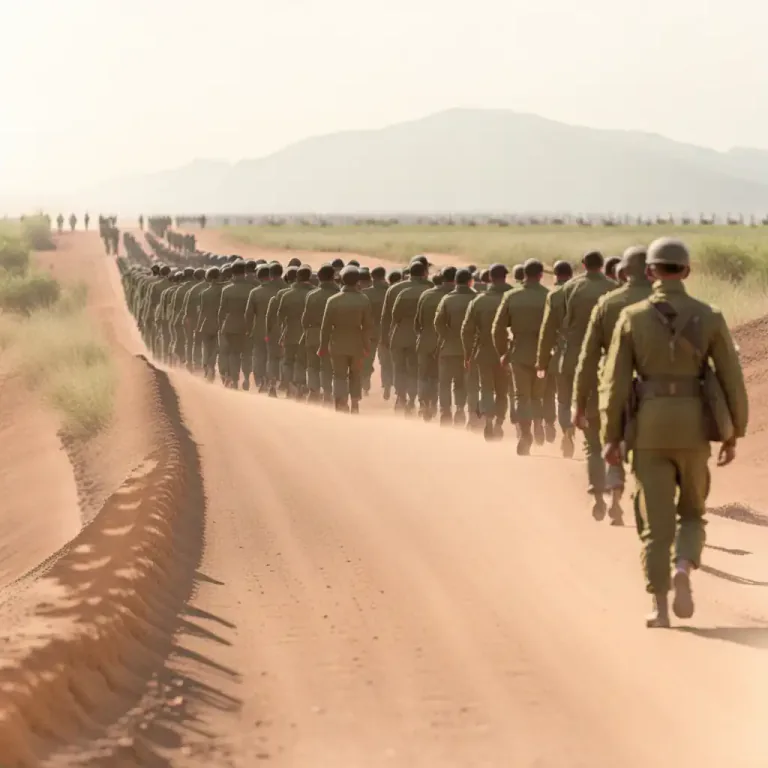Visual representation of "on the march" - Used to describe an army or group of soldiers moving from one place to another.