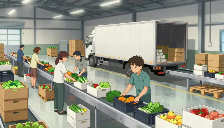 Visual representation of "packinghouse" - A building or location where raw agricultural products are processed, packaged, and prepared for transport.