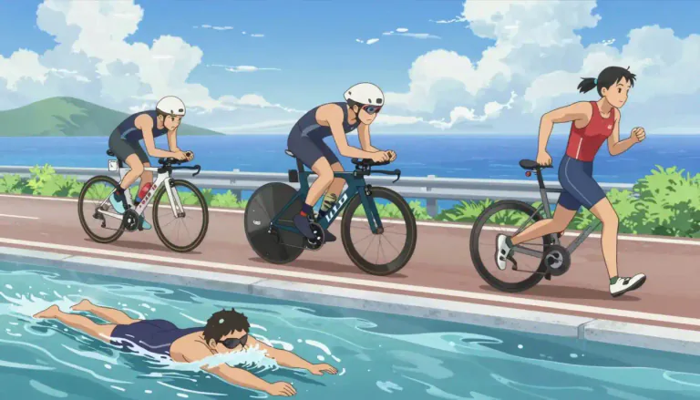Visual representation of "triathlon" - An endurance sporting event with three continuous parts: typically swimming, cycling, and running in immediate succession.