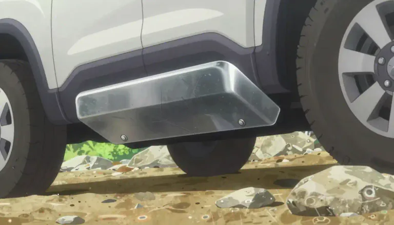Visual representation of "skidplate" - A skidplate is a protective metal plate attached to the underside of a vehicle, designed to protect vital components from damage caused by rough terrain.