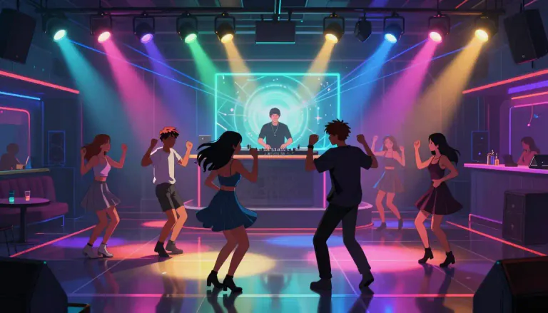 Visual representation of "discotheque" - A location, often a club or dance hall, where people go to dance to music, typically featuring DJs and lights.