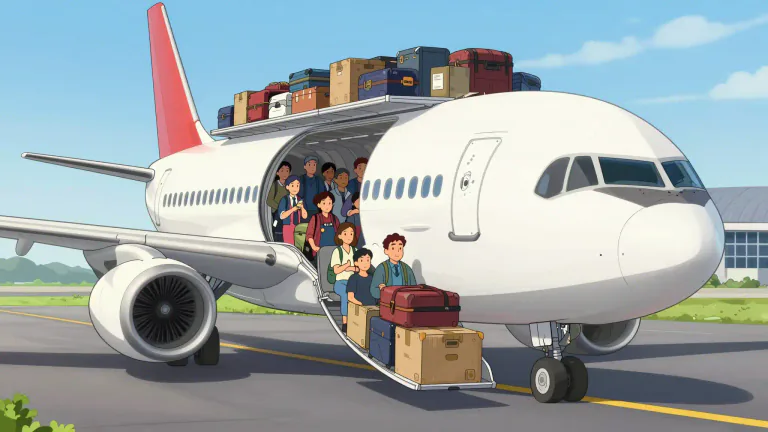 Visual representation of "planeload" - The amount of goods or number of passengers that an airplane can carry.