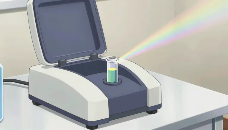Visual representation of "spectrophotometer" - An instrument that measures the intensity of light at different wavelengths, often used to analyze the concentration of substances in a solution.