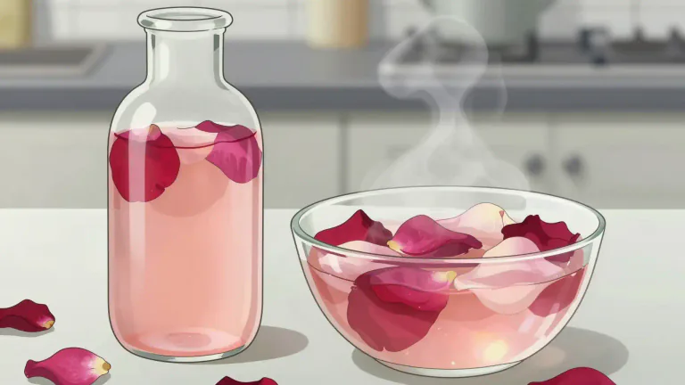 Visual representation of "rosewater" - A flavored water made by steeping rose petals in water or distilling rose petals with steam.