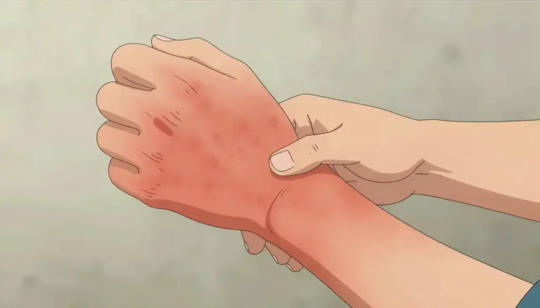Visual representation of "dermatitis" - A skin condition where your skin becomes swollen, red, and itchy.