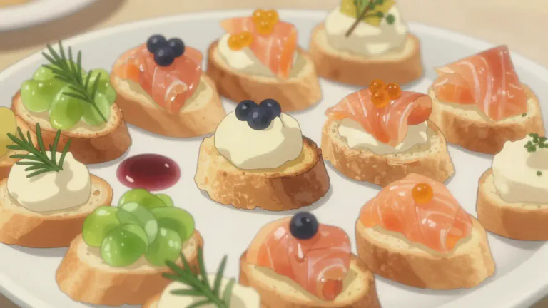Visual representation of "canape" - A small, often decorative food served on a piece of bread or pastry, typically eaten in one bite.