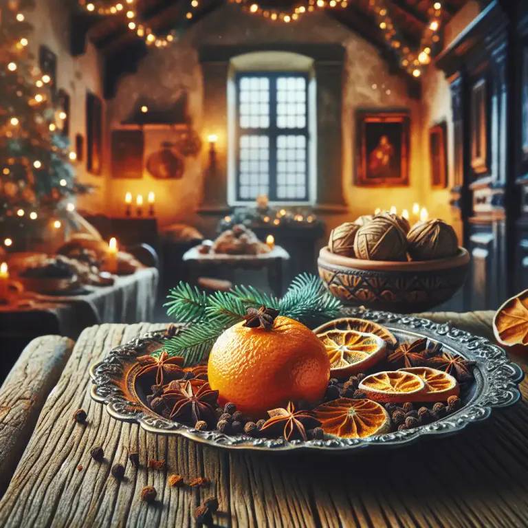Visual representation of "pomander" - A fruit, especially an orange, studded with cloves and dried for use in wardrobes or rooms to spread a pleasant fragrance.