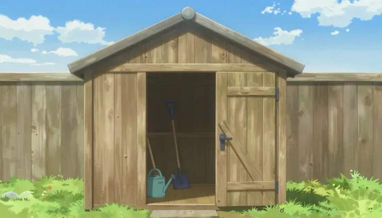 Visual representation of "shed" - A small building, often made of wood, used for storing things.