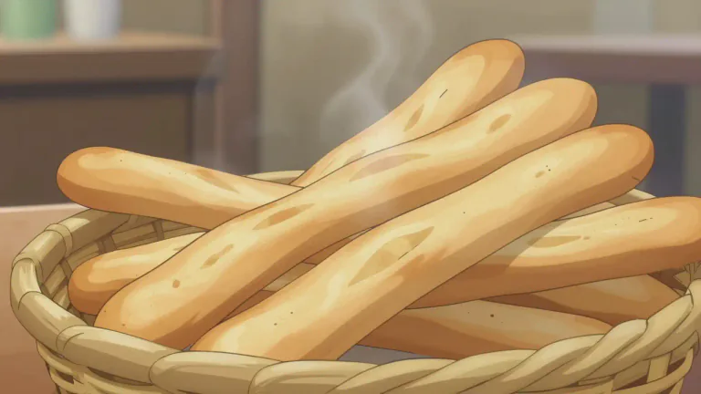 Visual representation of "breadstick" - A long, thin piece of bread often served as a snack or accompaniment to meals.